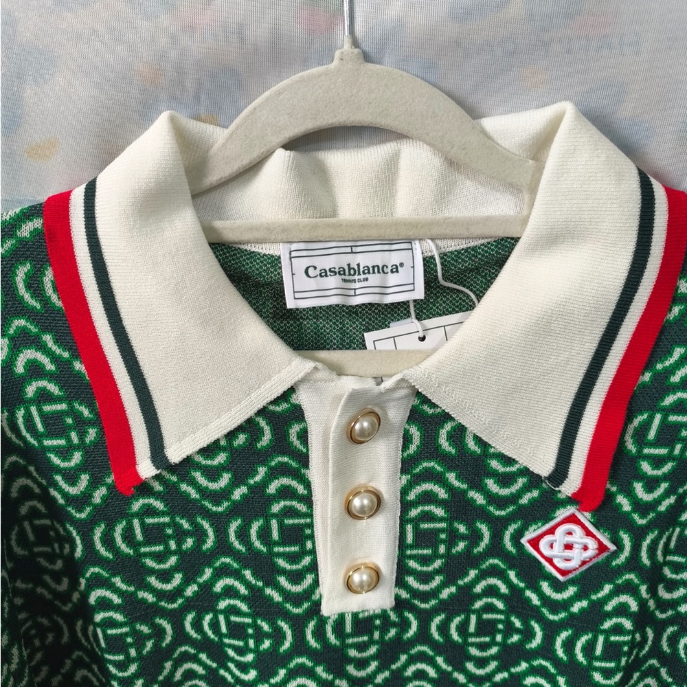 Casablanca Green Patterned Short-Sleeve Polo Knit Top with Ivory Collar - Picture 2 of 7